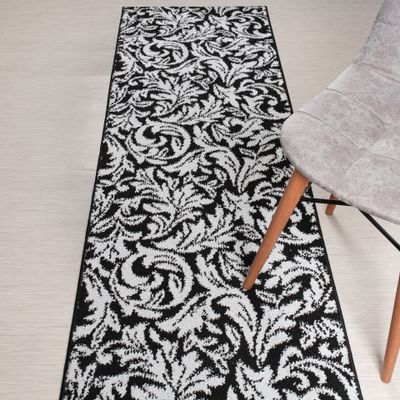 Custom Length, Non Slip Modern Leaves Pattern Carpet Runner Rug Mat for Entry Hallway Kitchen Laundry, 26 inch x 34 feet, Black & Silver