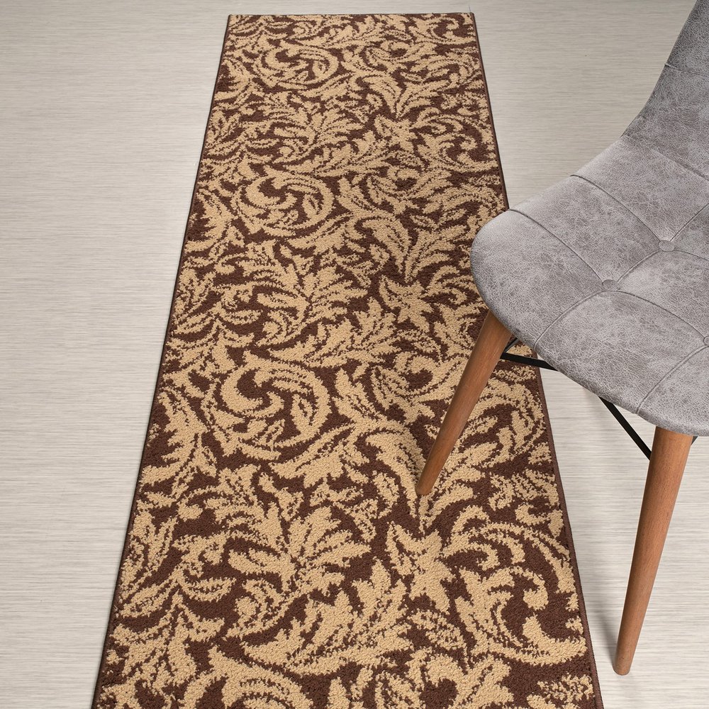 Custom Length, Non Slip Modern Leaves Pattern Carpet Runner Rug Mat for Entry Hallway Kitchen Laundry, 26 inch x 40 feet, Brown