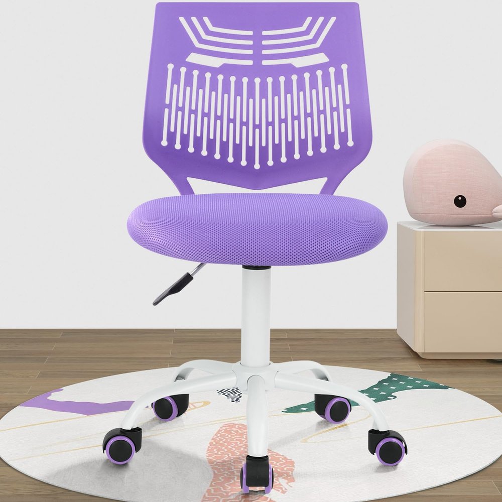 FurnitureR Desk Chair, Armless Home Office Task Chair with Mesh Padded Cushion, Swivel Study Computer Chair with Rolling Wheels for Children Kids Teens Students, Purple