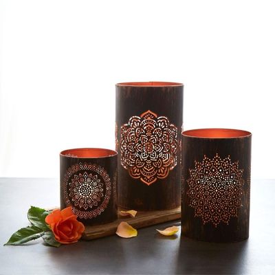 Candle Holders, Tabletop Centerpieces, Living Room, Patio, Garden, Events, Decorative, Rustic, Hurricane, Metal, Mandala, Black, Set of 3