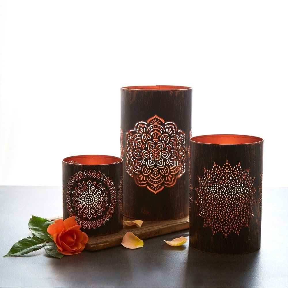 Candle Holders, Tabletop Centerpieces, Living Room, Patio, Garden, Events, Decorative, Rustic, Hurricane, Metal, Mandala, Black, Set of 3