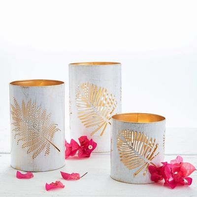 Candle Holders, Tabletop Centerpieces, Living Room, Patio, Garden, Events, Decorative, Rustic, Hurricane, Metal, Palm Leaves, White, Set of 3