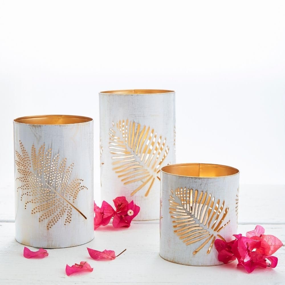 Candle Holders, Tabletop Centerpieces, Living Room, Patio, Garden, Events, Decorative, Rustic, Hurricane, Metal, Palm Leaves, White, Set of 3