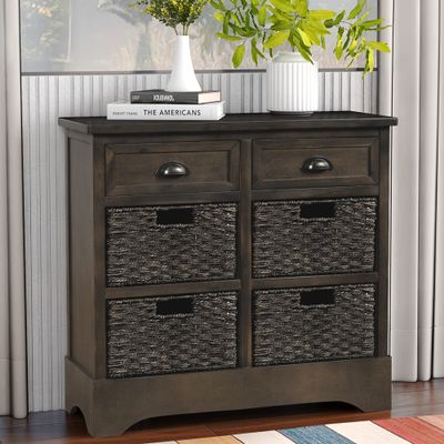 P PURLOVE Storage Cabinet Storage Unit with 2 Wood Drawers and 4 Wicker Baskets Rustic Storage Cabinet for Home Kitchen Entryway Living Room (Light Gray)