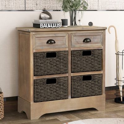 P PURLOVE Storage Cabinet Storage Unit with 2 Wood Drawers and 4 Wicker Baskets Rustic Storage Cabinet for Home Kitchen Entryway Living Room (White Washed)