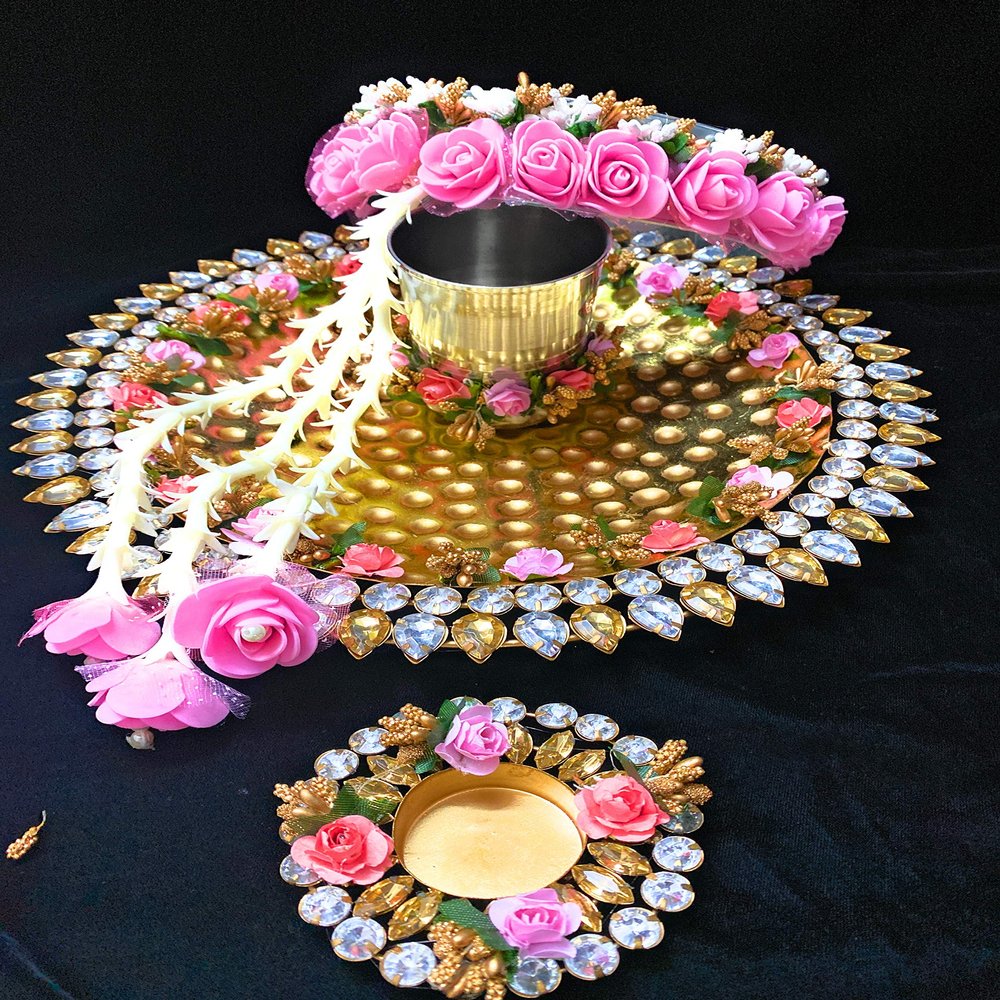Decorated Flower and Crystal Pearl Golden Karvachauth Pooja Thali Set with Stone Studded Diya/Deepak Chalni and Glass Gift by Indian Collectible