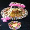 Decorated Flower and Crystal Pearl Golden Karvachauth Pooja Thali Set with Stone Studded Diya/Deepak Chalni and Glass Gift by Indian Collectible view 1