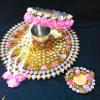 Decorated Flower and Crystal Pearl Golden Karvachauth Pooja Thali Set with Stone Studded Diya/Deepak Chalni and Glass Gift by Indian Collectible view 4
