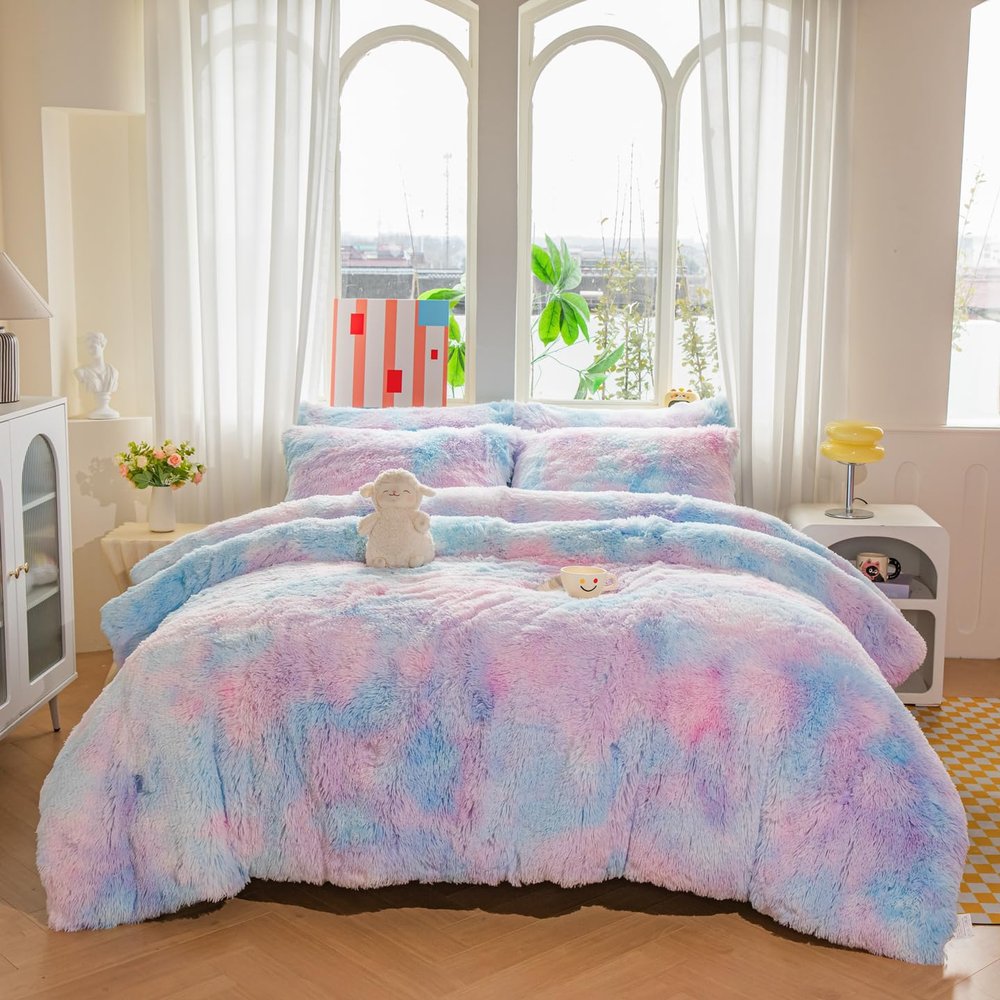 chovy Faux Fur Plush Tie-Dyed Blue Comforter Sets King - Ultra Soft Shaggy Flannel Velvet Fluffy Fuzzy 3PC Bedding Set Comforter x 1 Pillowcases x 2