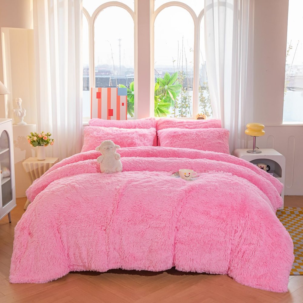 chovy Faux Fur Plush Pink Comforter Sets King - Ultra Soft Shaggy Flannel Velvet Fluffy Fuzzy 3PC Bedding Set Comforter x 1 Pillowcases x 2
