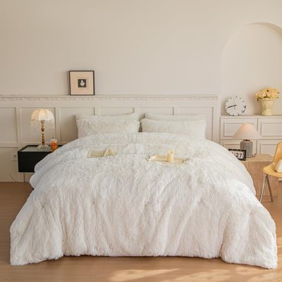 chovy Faux Fur Plush White Comforter Sets King - Ultra Soft Shaggy Flannel Velvet Fluffy Fuzzy 3PC Bedding Set Comforter x 1 Pillowcases x 2