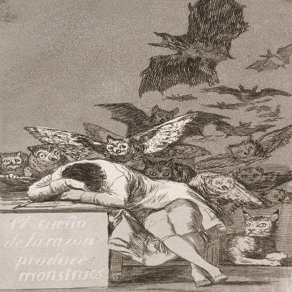 Textured Paper - Francisco Goya - The Sleep of Reason Produces Monsters/Plate No. 43 (1799) Photo Poster Painting Art Print - Size: 18 x 12 Inches