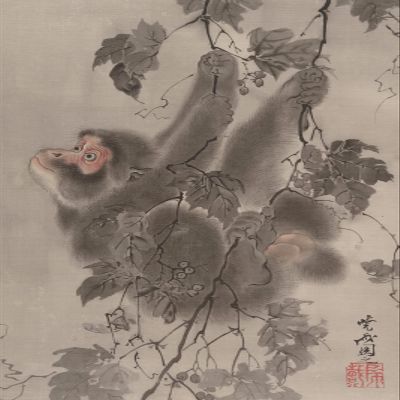 Textured Paper - Kawanabe Kyosai - Monkey Hanging from Grapevines (1887) Ukiyo-e Japanese Poster Painting Art Print - Size: 18 x 12 Inches