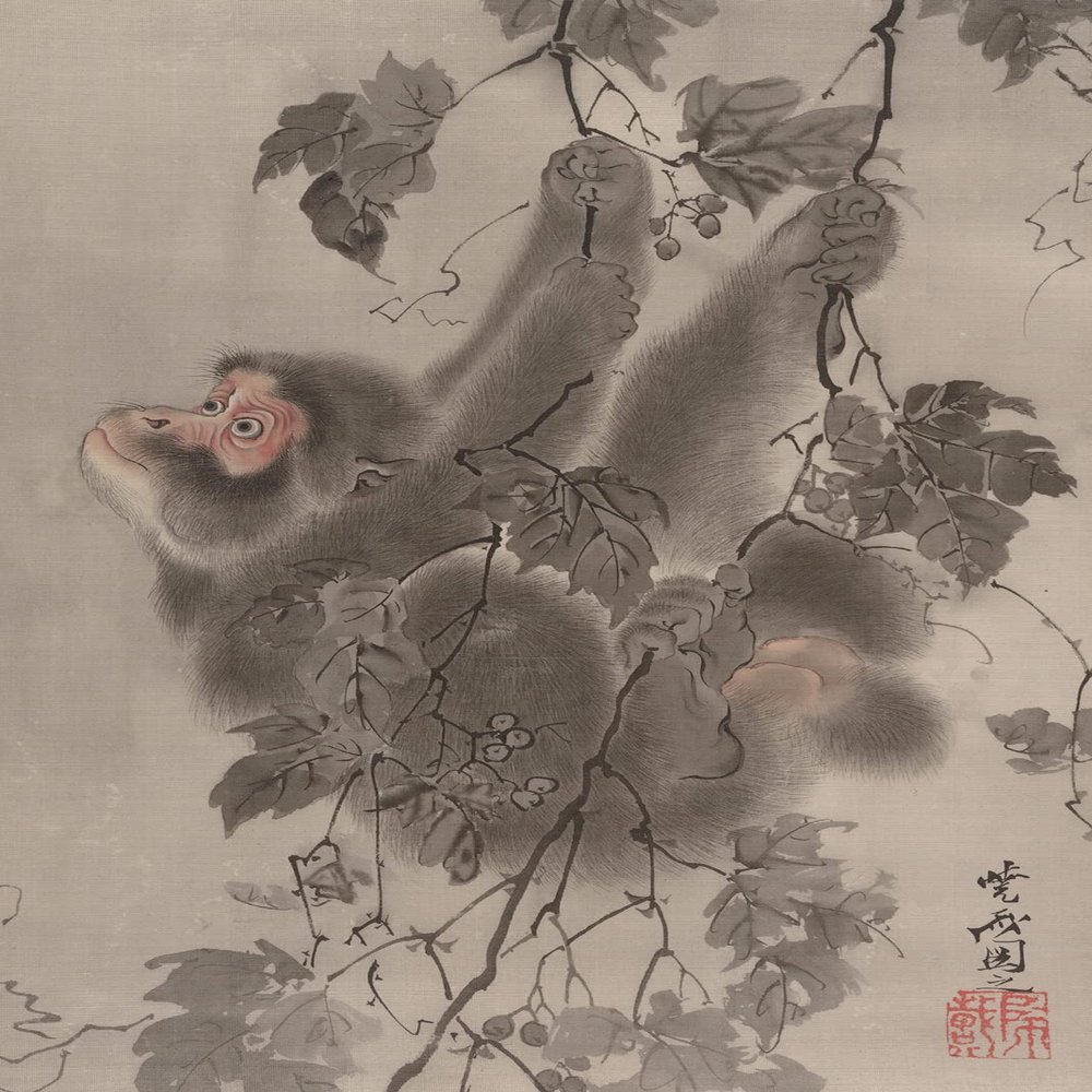 Textured Paper - Kawanabe Kyosai - Monkey Hanging from Grapevines (1887) Ukiyo-e Japanese Poster Painting Art Print - Size: 18 x 12 Inches