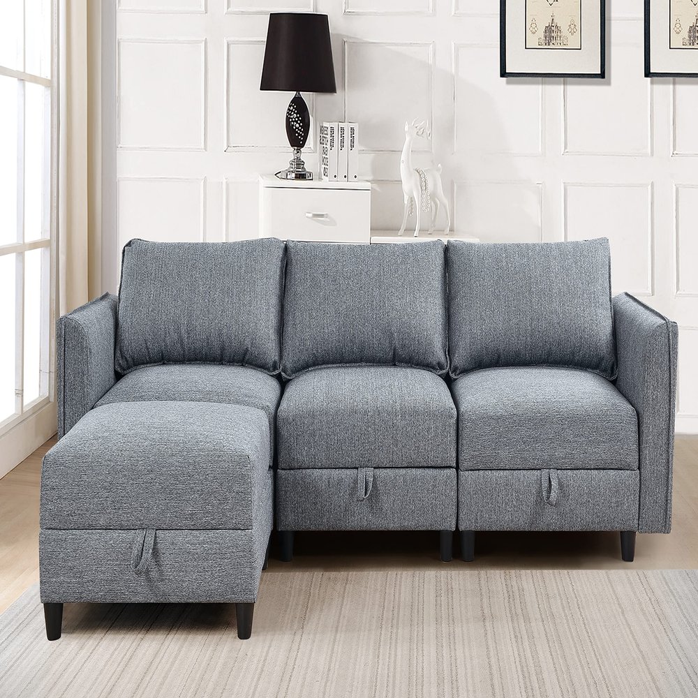 Convertible Sectional Sofa Couch,Modular L Shaped Couch with Reversible Chaise Storage Seat and Ottomans, Grey Fabric, Perfect for Small Space