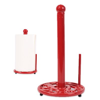 MINLUFUL Red Cast Iron Paper Towel Holder for Kitchen Countertop - Vintage Freestanding Stand with Heavy Weighted Base, Retro Farmhouse Decor, Fits Jumbo Rolls, Easy One-Handed Tear