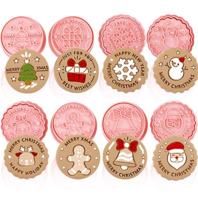 8 Pcs Christmas Cookie Cutters with Plunger Stamps Set 3D Christmas Circle Shape Biscuit Cutter Winter Cartoon Cookie Stamps Stamped Embossed for Treats DIY Cookie Baking Supplies