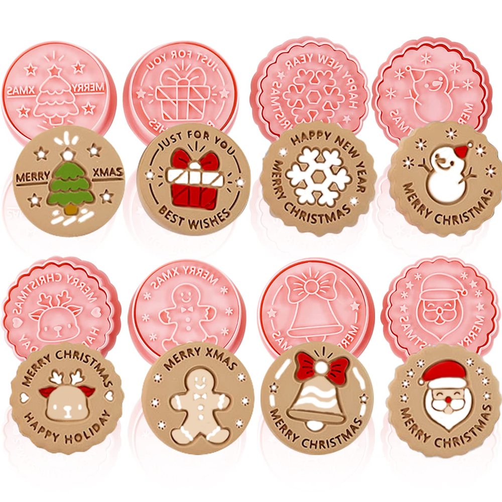 8 Pcs Christmas Cookie Cutters with Plunger Stamps Set 3D Christmas Circle Shape Biscuit Cutter Winter Cartoon Cookie Stamps Stamped Embossed for Treats DIY Cookie Baking Supplies
