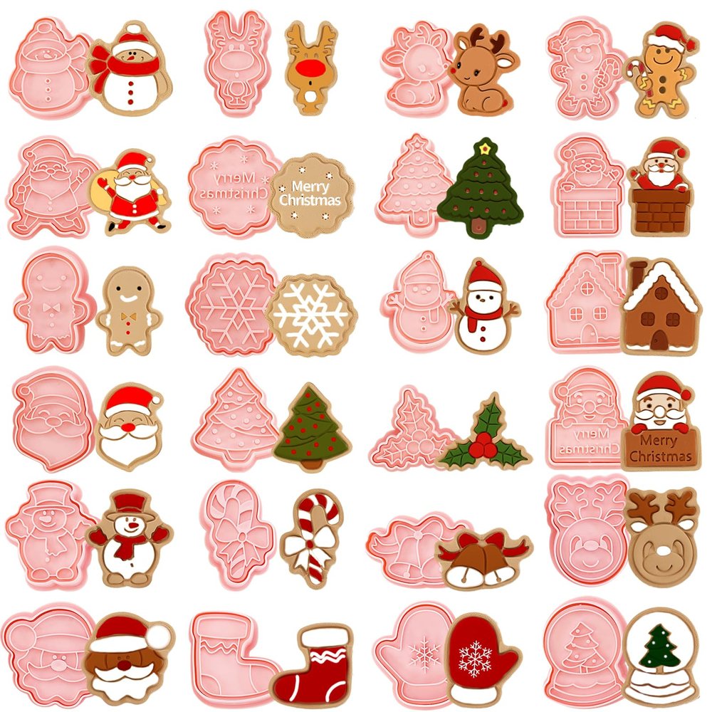 24 Pieces Christmas Cookie Stamps Gingerbread Cookie Cutters Xmas Embossing Santa Claus Elk Snowman Shapes 3D Plastic Cookie Molds for Baking Holiday Party Supplies