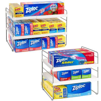 2 Pack Pantry Organization and Storage, Expandable Foil and Plastic Wrap Organizer, Adjustable Kitchen Wrap Organizer Rack for Cabinet, Foil Saran Wrap Holder Shelf for Sandwich Plastic Bags Box,