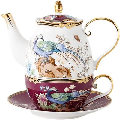 CFLNYC Porcelain Teapot and Teacup for One Set, Teapot with Cup and Saucer Set, Suitable for Milk, Tea, and Coffee Server (Color : Purple)