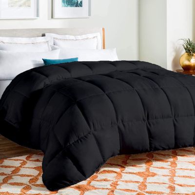 Luxury - Hotel Quality- 800 Thread Count 100% Organic Cotton 500 GSM Fiber Fill 1pc Comforter Box Stitched Down Alternative Oversized King 132" x 120" Inches, Comforter, Black Solid