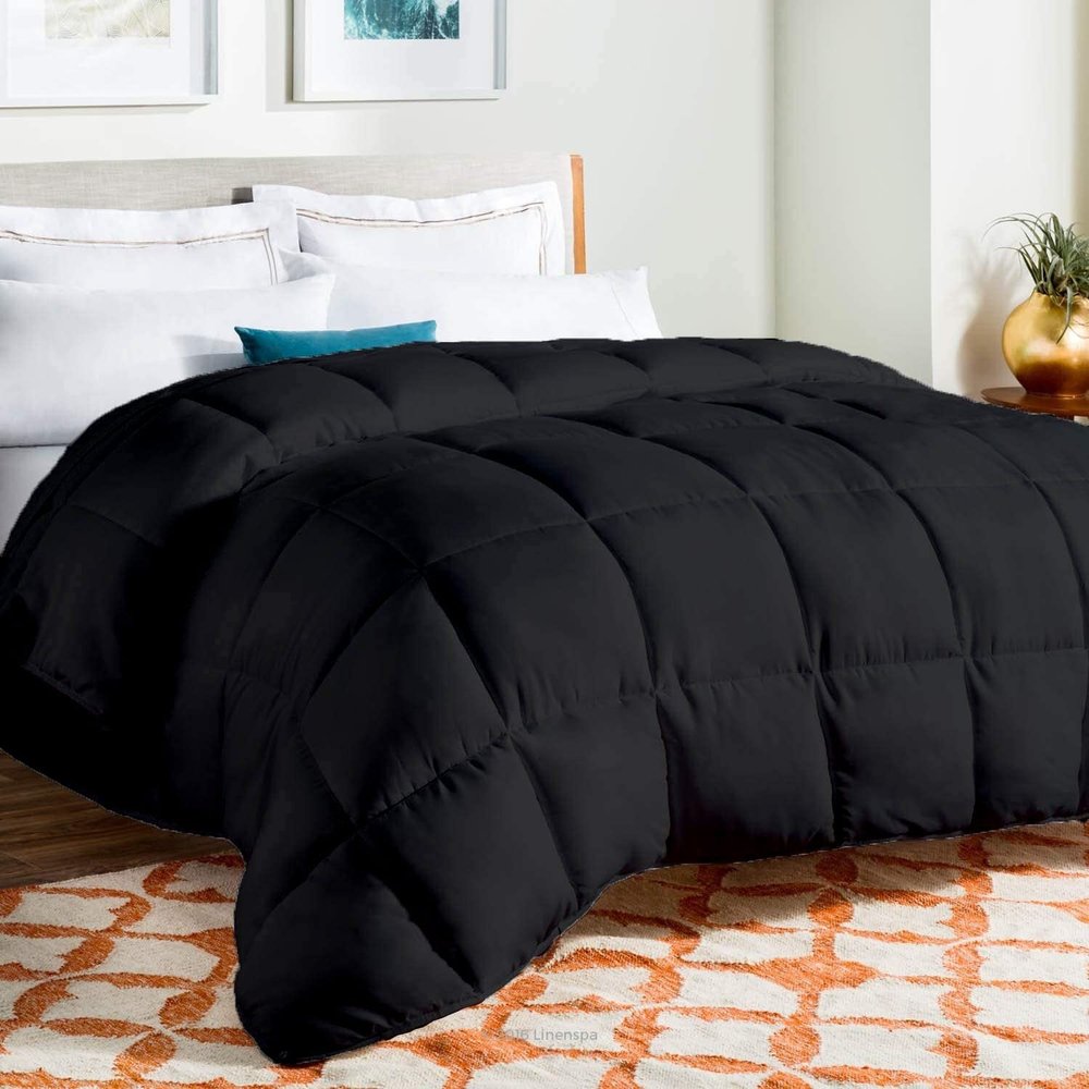 Luxury - Hotel Quality- 800 Thread Count 100% Organic Cotton 500 GSM Fiber Fill 1pc Comforter Box Stitched Down Alternative Oversized King 132" x 120" Inches, Comforter, Black Solid