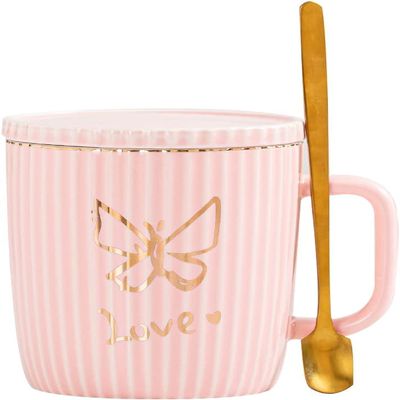CFLNYC 13.5oz Gold Rim Butterfly Pattern Coffee Mug, Porcelain Tea Cup with Lid and Spoon, Perfect Choice for Juice, Tea (Color : Pink, Size : 13.5oz)