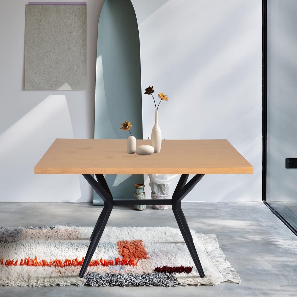 48" Rectangular Dining Table, Modern Wood Kitchen & Coffee Table with Cross Metal Legs, Nordic Oak Design for Cafe, Restaurant, Wine Bar, Home Office, Conference Room, Seats 4-6