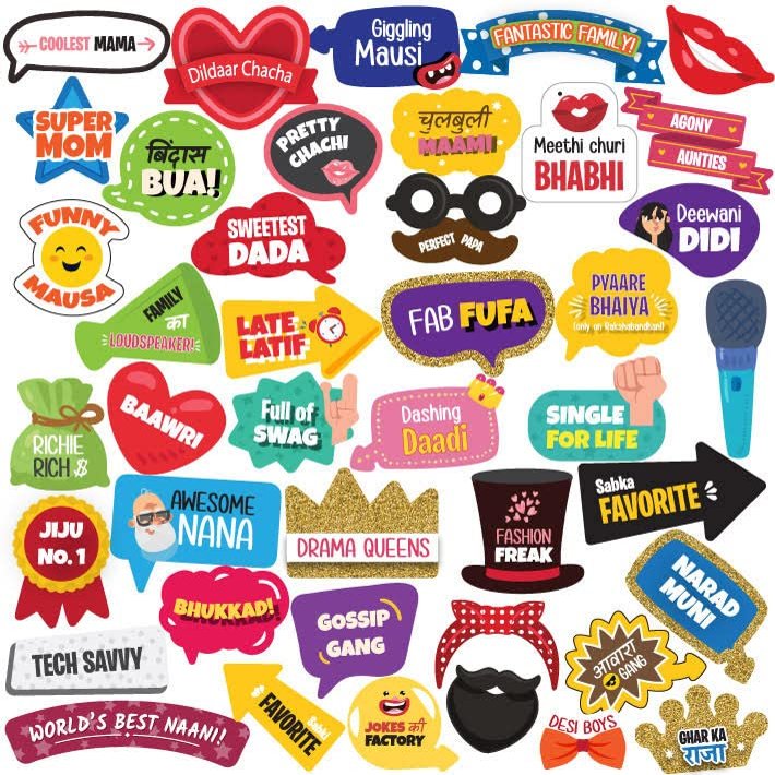 All Occasion Indian Family Relatives Photo Booth Props for Party, Baby Shower Props for Family/Birthday Props for Family/Wedding Props for Family (42 Pieces) by Indian Collectible