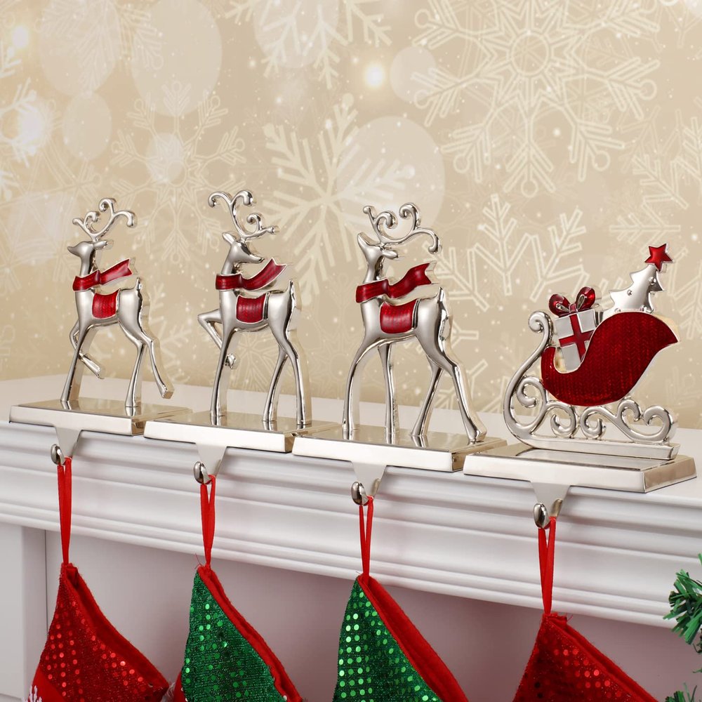 Cesdai Reindeer & Sleigh Stocking Holder Set for Mantle Set of 4,Christmas Deer Stocking Hangers for Firepiece,Christmas Decorations Mantel Hanger for Stocking/Garland (Deer-Sleigh Silver)
