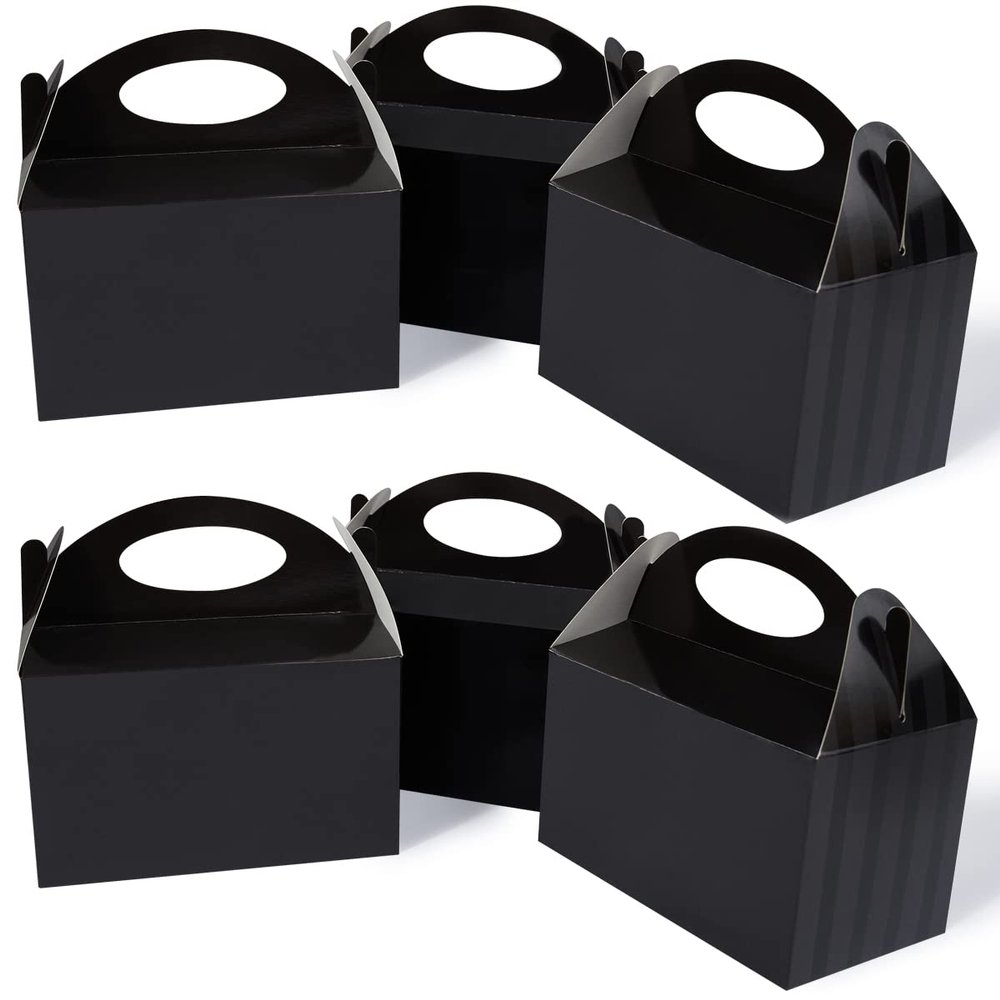 Happyhiram Black 25 CT 6 Inch Candy Boxes Party Favors Stripes Paper Cookie Gift Bags with Handles Gable Boxes Goodie Snack Bags for Graduation Birthday Party
