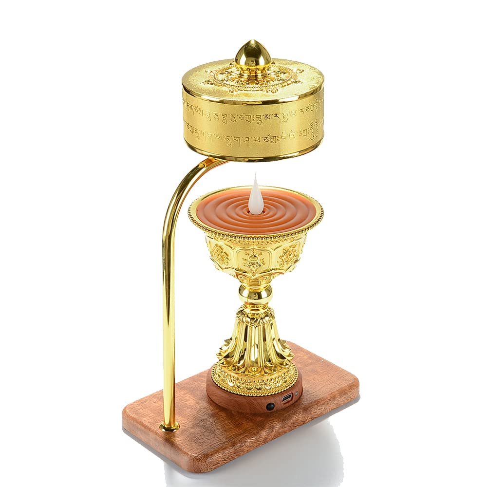 ZCBYBT Bionic Fire Prayer Wheel, LED Rechargeable Butter Lamp, Tibetan Electric Prayer Wheel, Buddhist Ornaments,Gold
