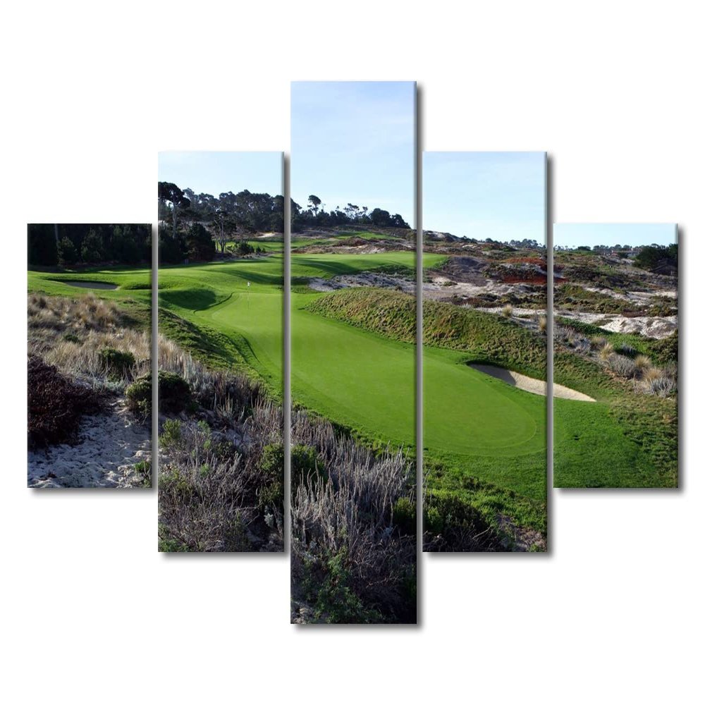 5 Panels Golf Course Wall Art Spyglass Hill Course Poster American Flag Canvas Wall Art Paintings Prints Modern Home Decor for Living Room Bedroom Office Wall Decor Framed Ready to Hang - 60"W x 40"H