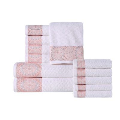BNM Medallion Cotton 12 Piece Assorted Towel Set, Absorbent, Textured, Quick-Dry, Shower, Spa Basics, Solid White, Color Border, Includes 2 Bath Towels, 5 Hand Towels, 5 Face Towels, White-Emberglow
