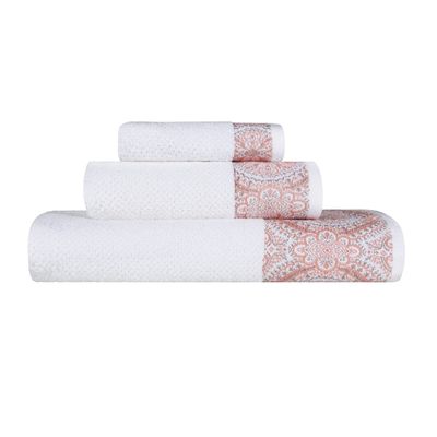 BNM Medallion Cotton 3 Piece Assorted Towel Set, Highly Absorbent, Textured, Quick-Dry, Shower, Spa, Solid White, Color Border, Includes 1 Bath Towel, 1 Hand Towel, 1 Face Towel, White-Emberglow