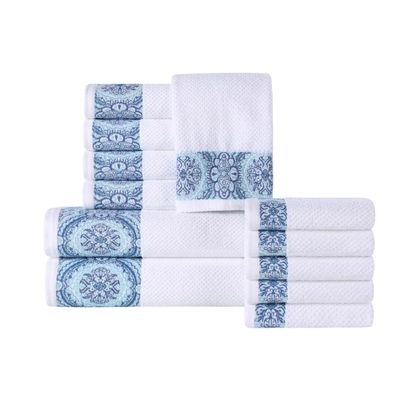 BNM Medallion Cotton 12 Piece Assorted Towel Set, Absorbent, Textured, Quick-Dry, Shower, Spa Basics, Solid White, Color Border, Includes 2 Bath Towels, 5 Hand Towels, 5 Face Towels, White-Aqua