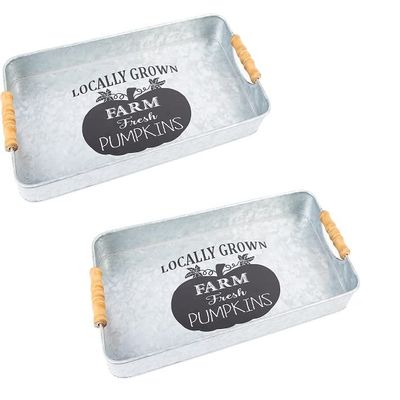 Set of 2 Rustic Metal Serving Trays Locally Grown Farm Fresh Pumpkins, Farmhouse or Primitive Home Decor | Size: 17" Long