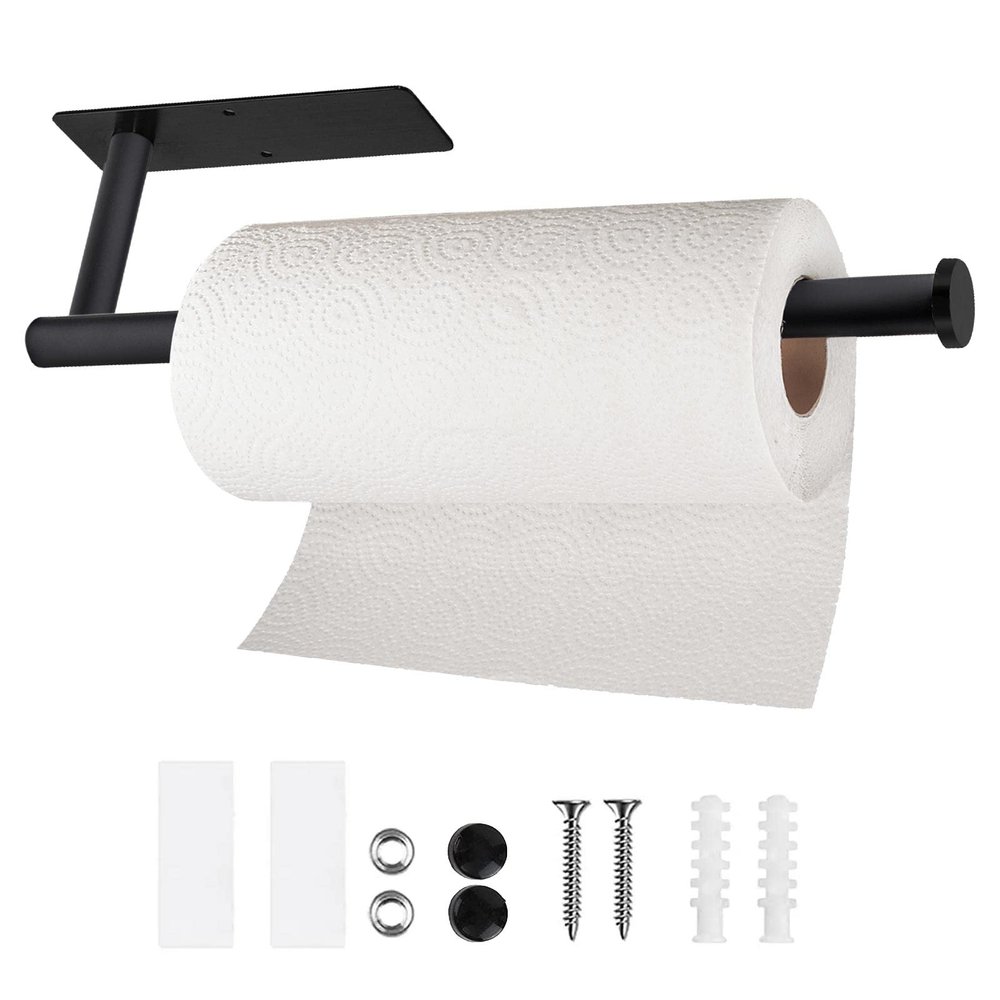 Paper Towel Holders for Kitchen- Under Cabinet Paper Towel Holder Roll Back for Bathroom Towel, Wall Mounted Black Paper Towel Rack 304 Stainless Steel, Adhesive or Drilling Mounting