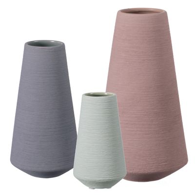 Decorative Ceramic Round Cone Shape Centerpiece Table Vase Set of 3, Pink Large, Gray Medium, and Green Small