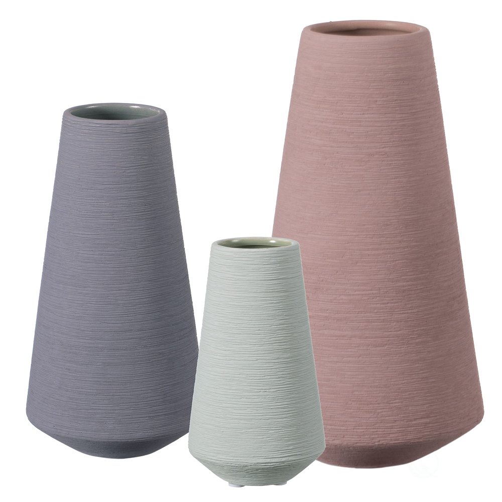 Decorative Ceramic Round Cone Shape Centerpiece Table Vase Set of 3, Pink Large, Gray Medium, and Green Small