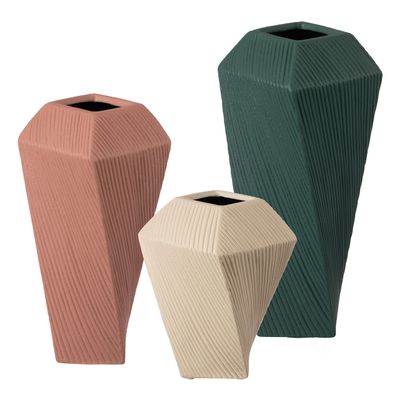 Decorative Ceramic Square Twisted Centerpiece Table Vase Set of 3, Green Large, Pink Medium, and Beige Small