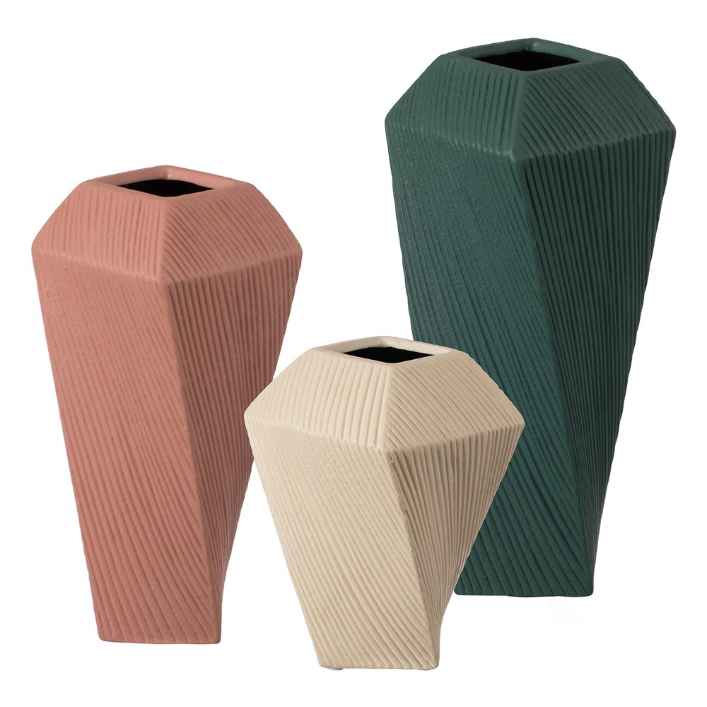 Decorative Ceramic Square Twisted Centerpiece Table Vase Set of 3, Green Large, Pink Medium, and Beige Small