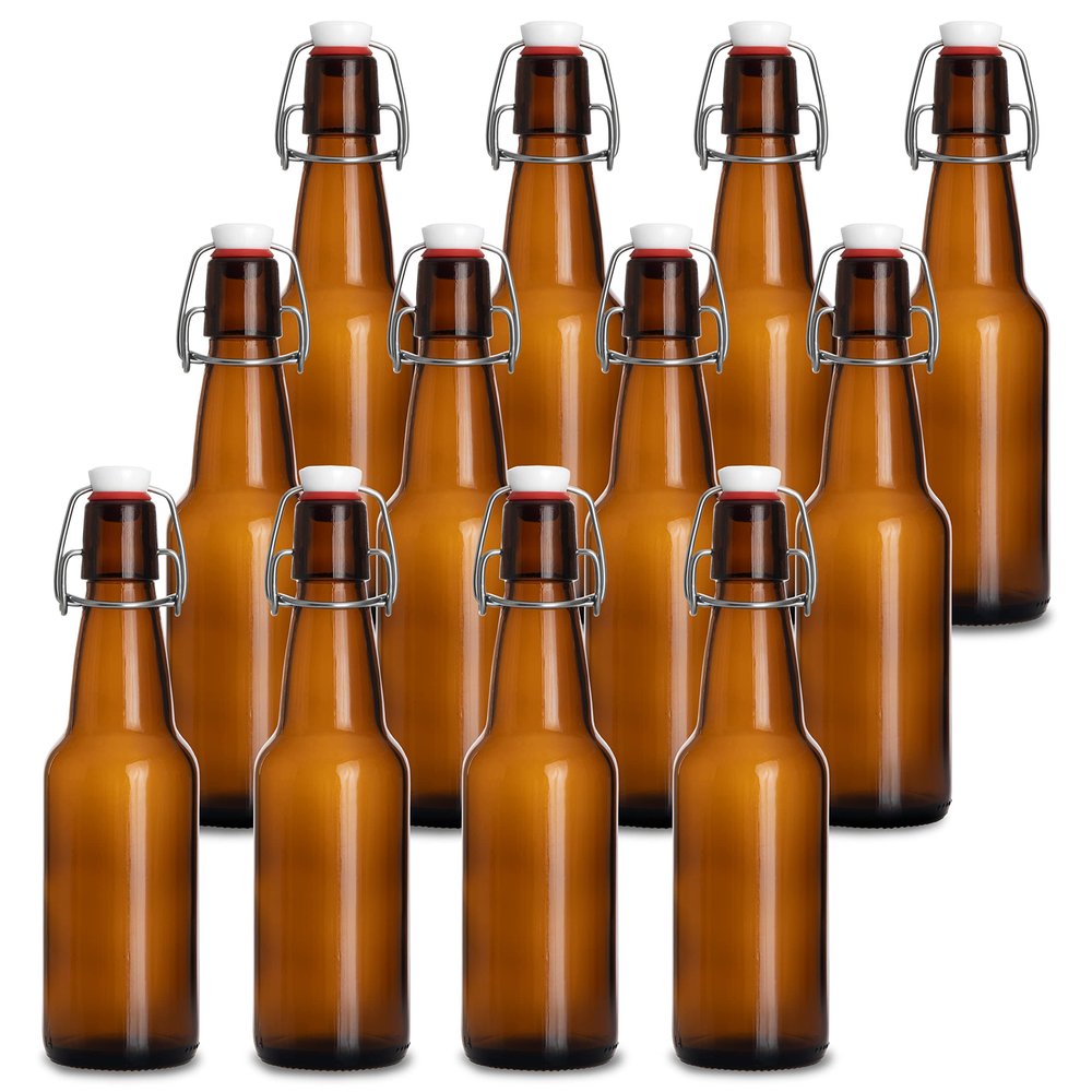 Barcaloo 12oz Flip Top Amber Glass Beer Bottles for Home Brewing - Set of 12 with Flip Caps for Beer and Wine Bottling - Family Owned American Business