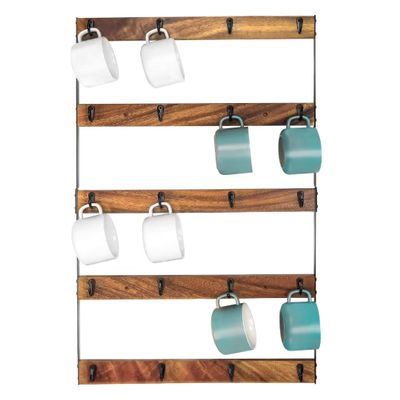 Aomomery Wall Mounted Coffee Mug Holder, Large 5 Tier Shelf with 20 Hooks for Cups, Rustic Wooden Display Rack for Kitchens, Homes and Bars (Walnut)