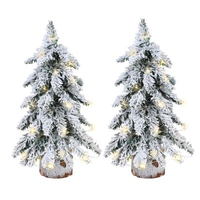 2PCS Pre-Lit Artificial Mini Christmas Tree, 18 Inch Snow Flocked Xmas Tree with Wood Base, Tabletop Artificial Pine Tree with LED Lights for Christmas Table Centerpieces Porch Home Decor
