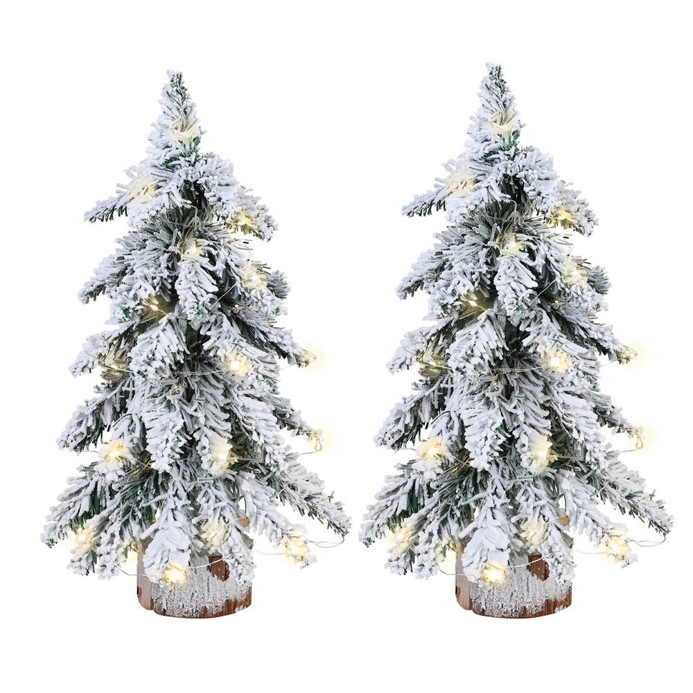 2PCS Pre-Lit Artificial Mini Christmas Tree, 18 Inch Snow Flocked Xmas Tree with Wood Base, Tabletop Artificial Pine Tree with LED Lights for Christmas Table Centerpieces Porch Home Decor