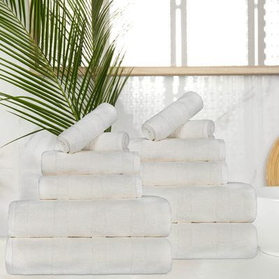 BNM Ribbed Cotton 12 Piece Assorted Towel Set, Highly Absorbent, Textured, Quick-Dry, Shower, Spa Basics, Home Essentials, Solid, Includes; 2 Bath Towels, 5 Hand Towels, 5 Face Towels, Ivory