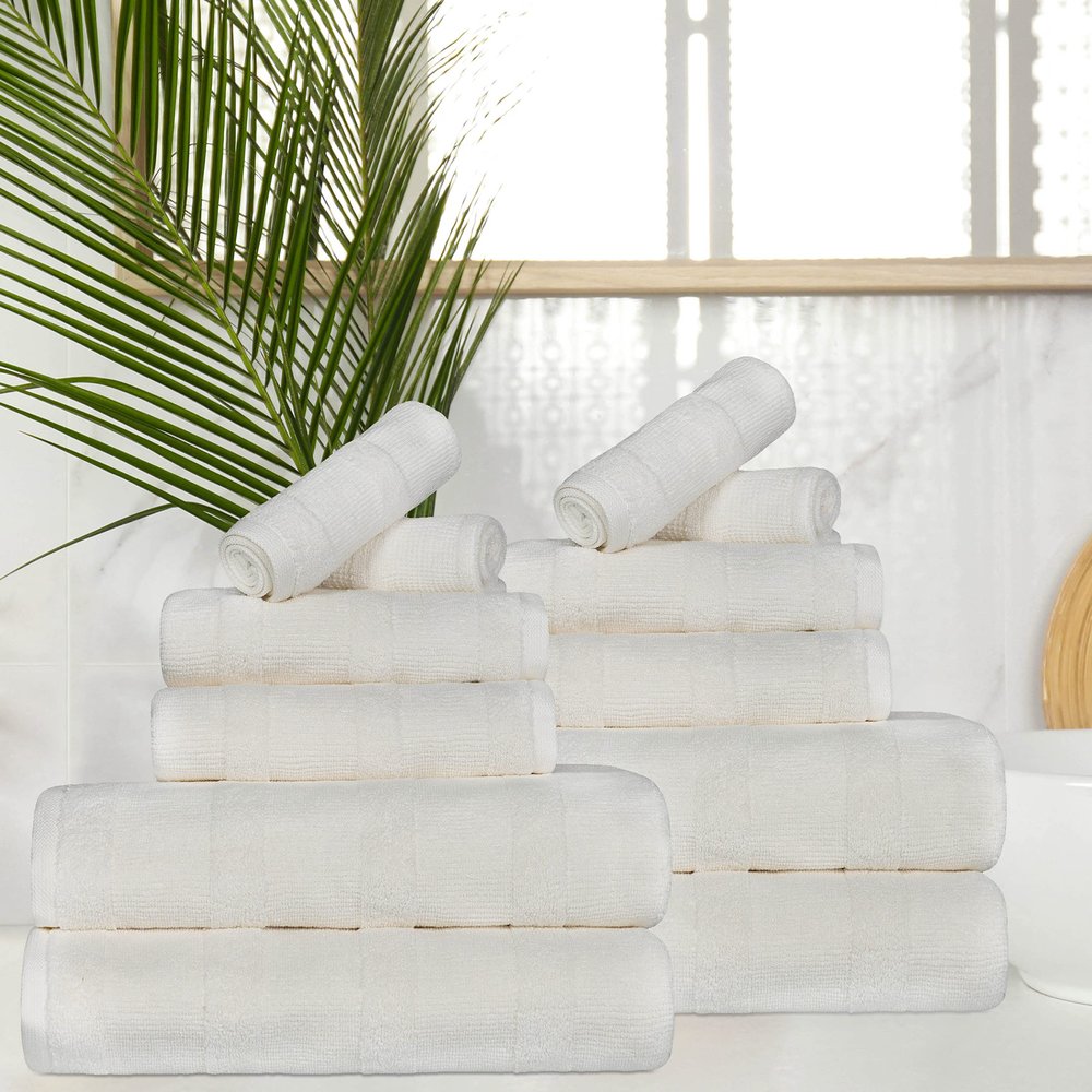 BNM Ribbed Cotton 12 Piece Assorted Towel Set, Highly Absorbent, Textured, Quick-Dry, Shower, Spa Basics, Home Essentials, Solid, Includes; 2 Bath Towels, 5 Hand Towels, 5 Face Towels, Ivory