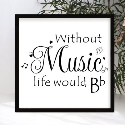 Rustic Chic Style Wood Sign with Phrase Without Music Life Would Be Flat Wall Hang Black Frame Wooden Plaque for Bedroom Cafe Bar Farmhouse Porch Garden Yard Cafe Bar Cottage Wall Decor 12x12in